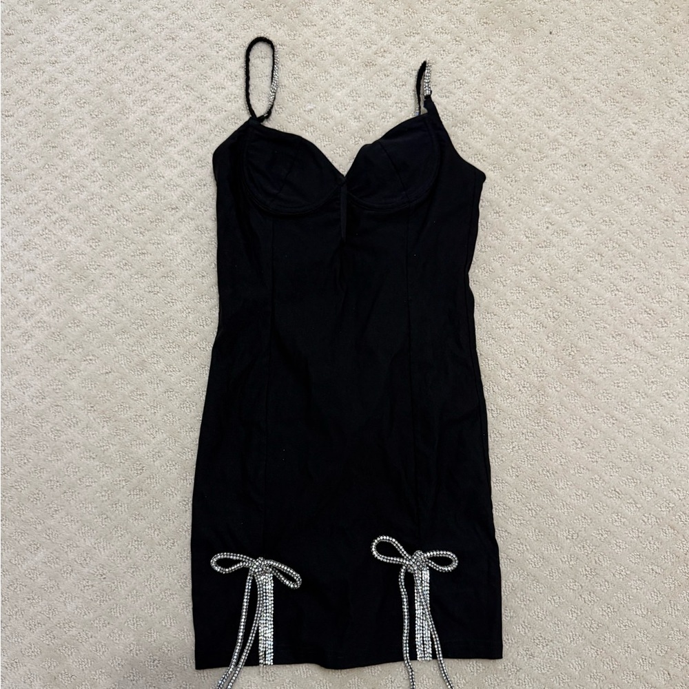 White Fox Boutique Black Mini Dress with Rhinestone Bows